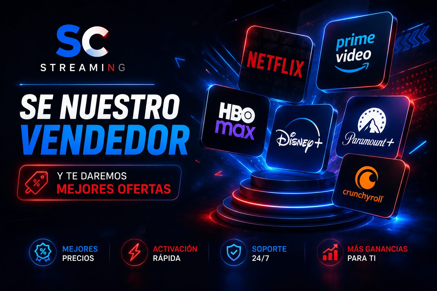 Sé nuestro vendedor y te daremos mejores ofertas. Catálogo de plataformas: Netflix, Prime Video, HBO Max, Disney+, Paramount+ y Crunchyroll. Mejores precios, activación rápida, soporte por WhatsApp y más ganancias para ti.