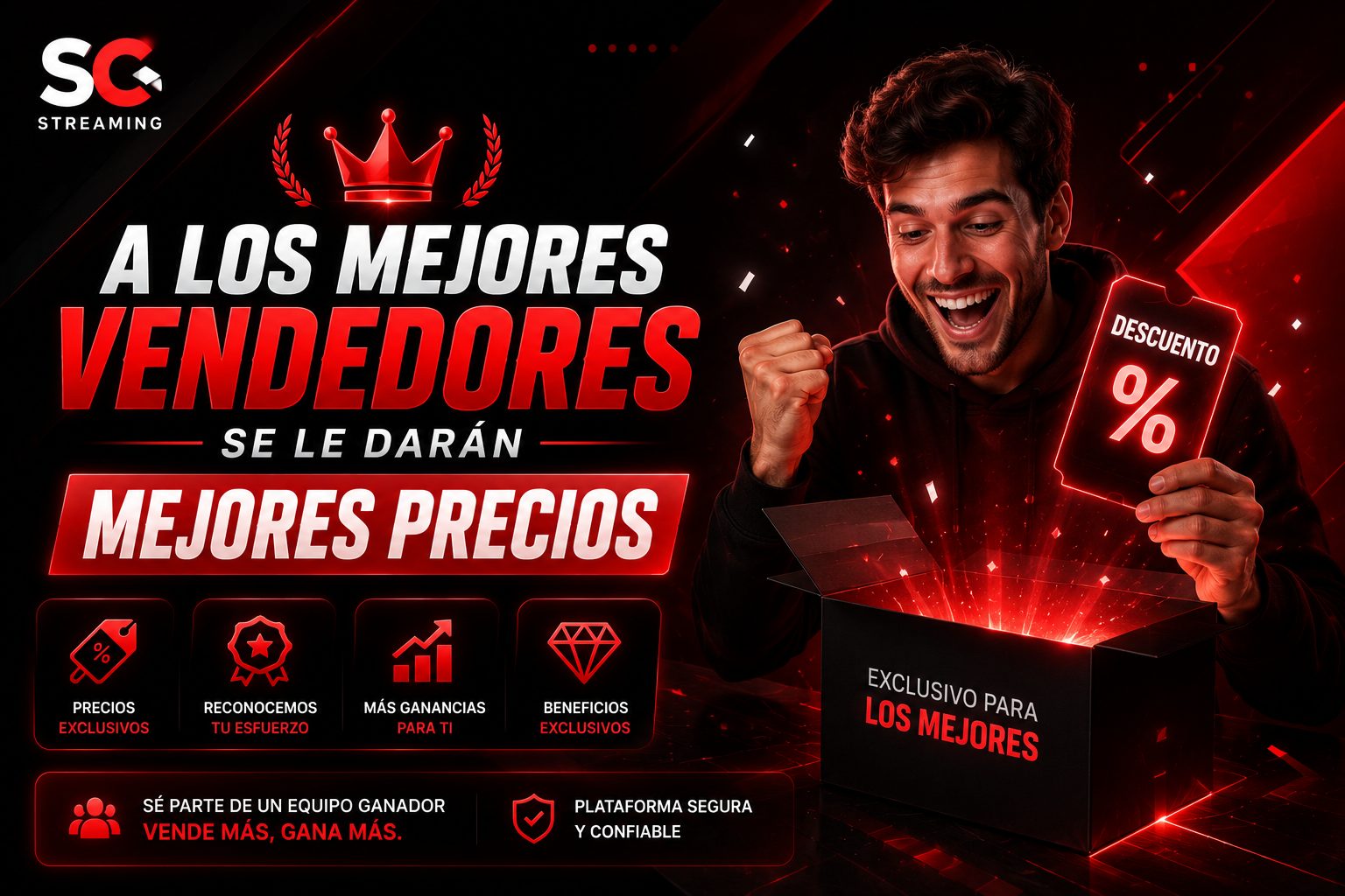 A los mejores vendedores se le darán mejores precios: precios exclusivos, reconocemos tu esfuerzo, más ganancias para ti, beneficios exclusivos. Sé parte de un equipo ganador, vende más, gana más, en una plataforma segura y confiable.
